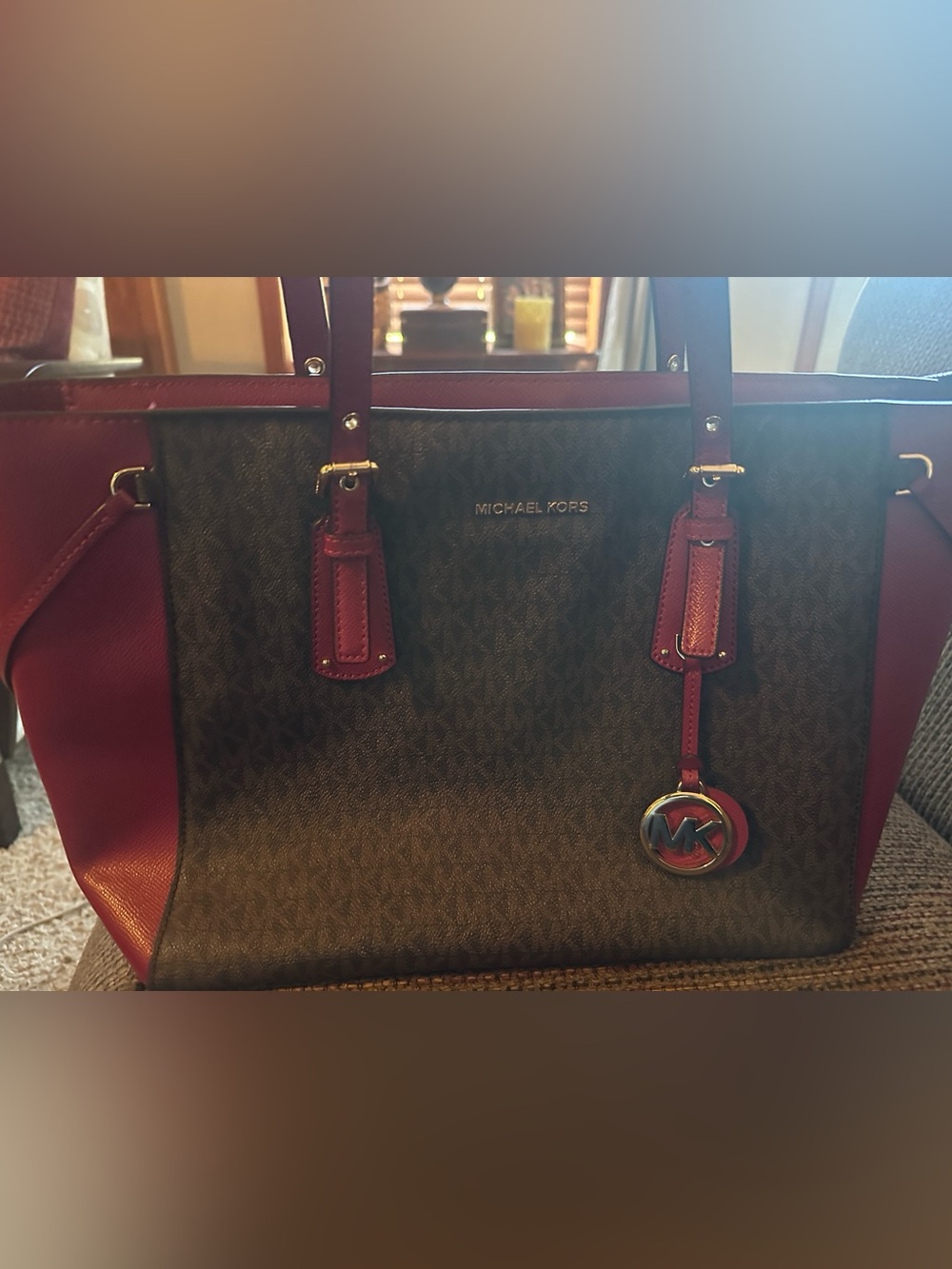 Michael Kors Large Maroon and Brown Signature Tote